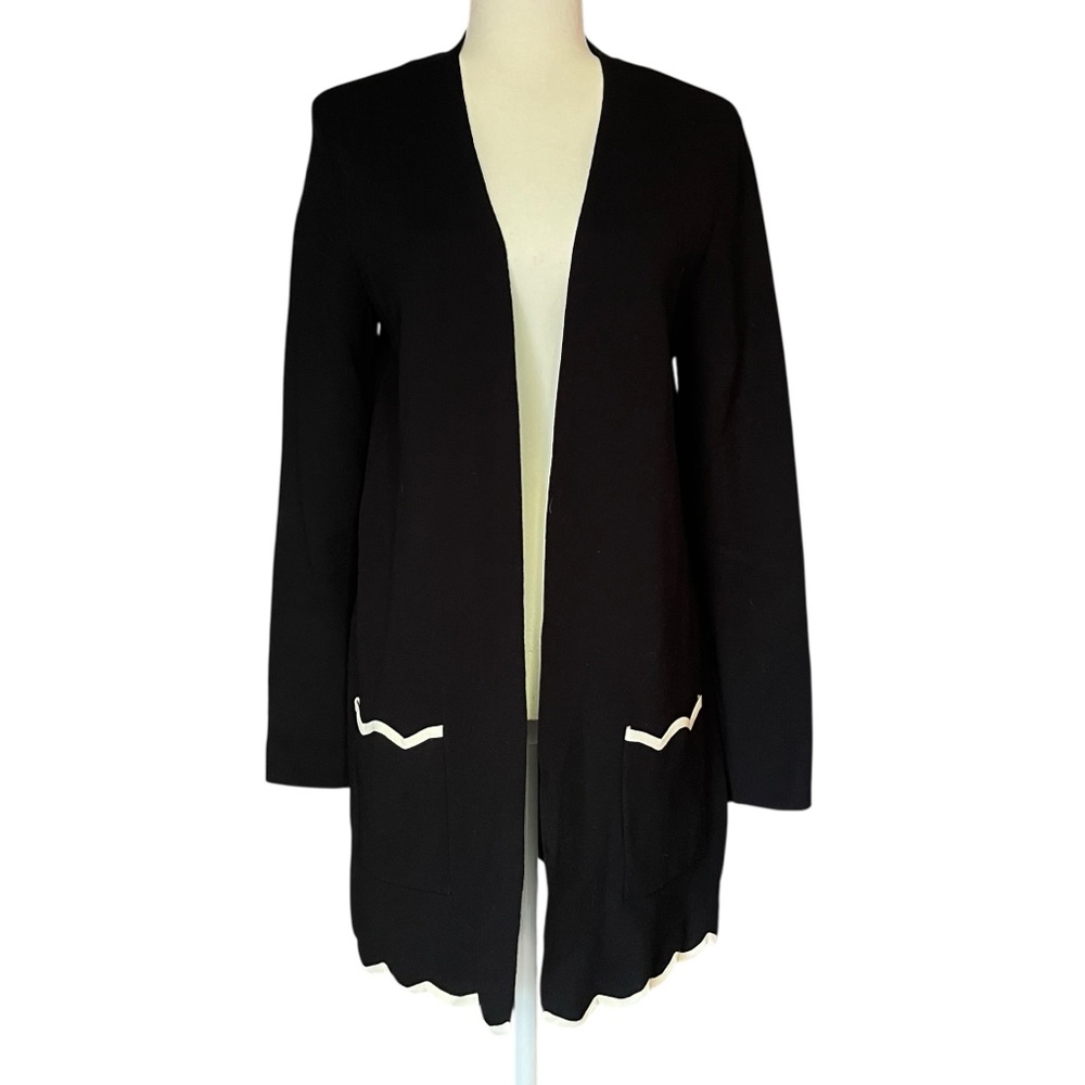 Talbots Long Scalloped Cardigan Open Front Lockets Black White Womens Small